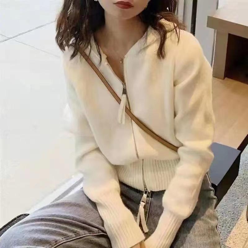 Blue Knitted Zipper Shirt Women's Autumn New Hooded Jacket Short Super Small Jacket Sweater
