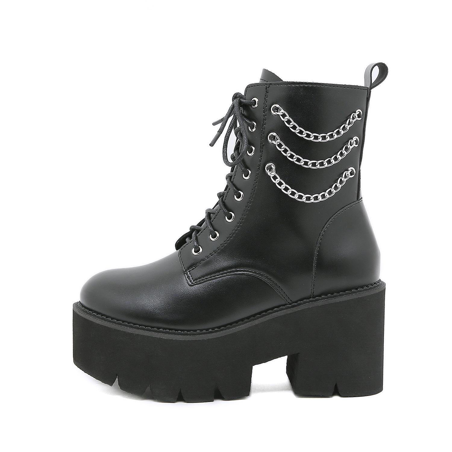 

Осень и Зима Ботинки Мартин Жемчужная Цепь Толстая Подошва Боковая Молния Женские Ботинки Шнуровка Спереди Рыцарские Ботинки Женские 43 чёрный