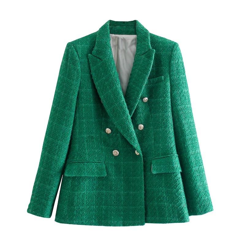Women s Spring and Autumn Fashion Double-breasted Tweed Plaid Blazer Vintage Long Sleeve Pocket Suit Jacket XS зелёный