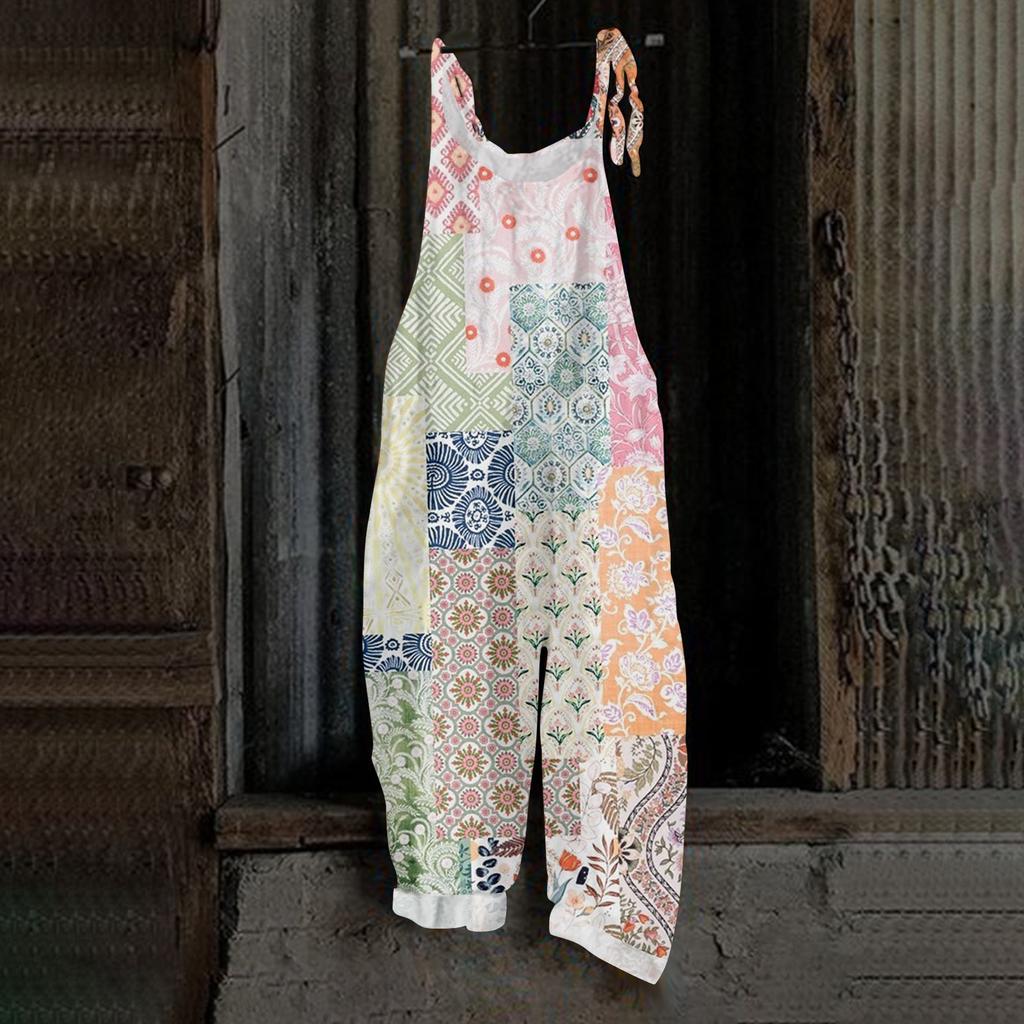 Women's Jumpsuit Floral Vintage Print Casual Loose Retro Cotton Linen Back Pants