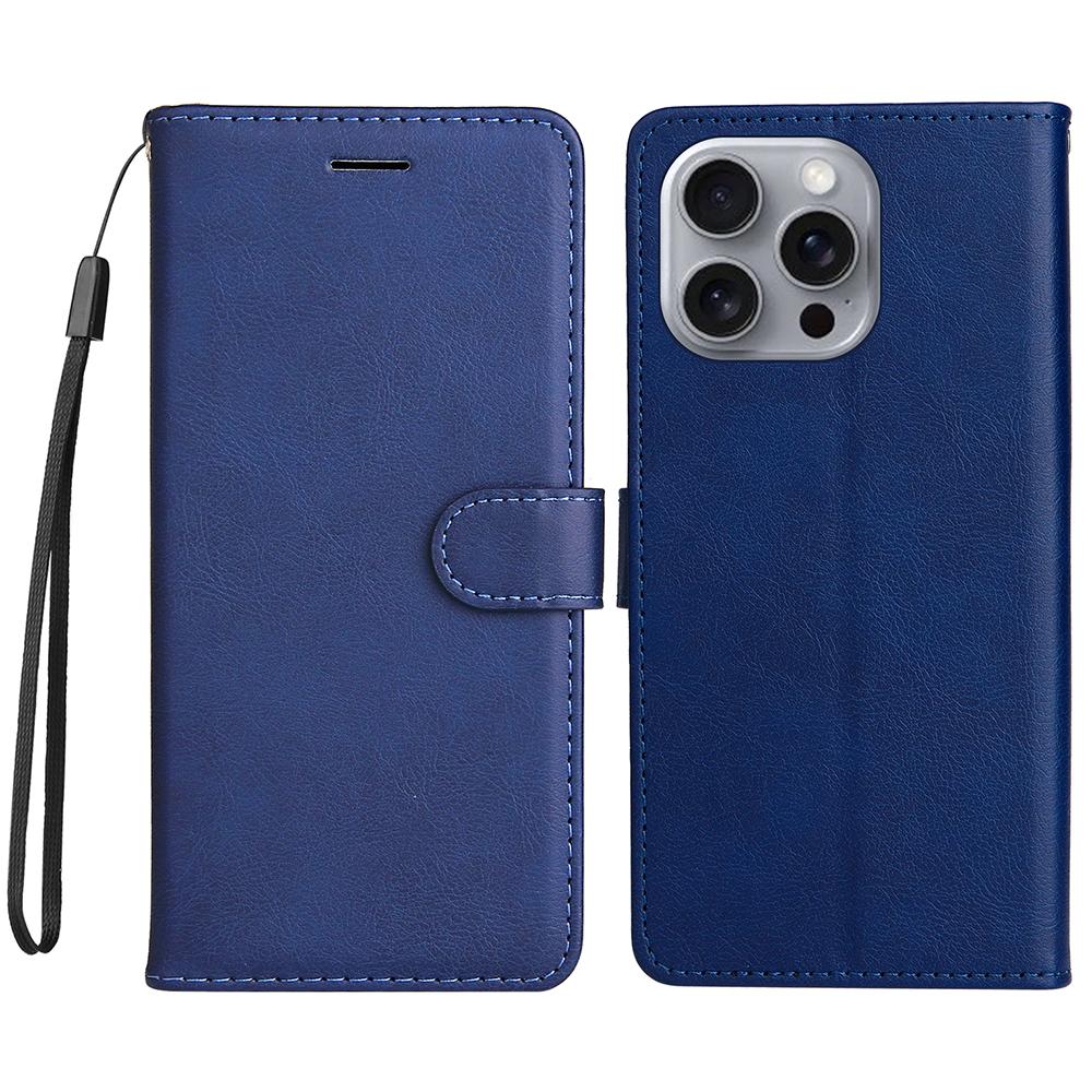 For iPhone 16 Pro Max Case Solid Color Leather Mobile Cover Wallet Stand with Strap