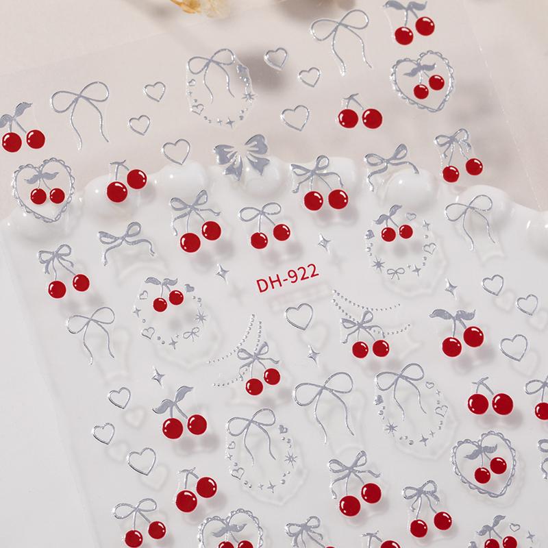 Fresh Sweet Fruits Strawberry Cherry Bowknot Love Heart Bow 5D Nail Art Stickers Self Adhesive Decorations Nail Manicure Decal