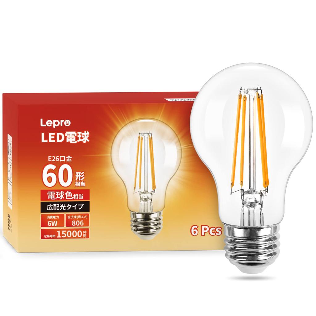 Lepro LED Bulbs, E26, 60W, Warm White, Filament, 60W (Standard Bulb Type), 2700K, Clear Type, Non-Dimmable, 806lm, Stylish, Energy-Saving, PSE