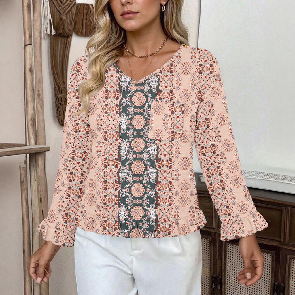 Women's Casual Fashion Ruffle V-Neck Pocket Retro Print Long Sleeve Top