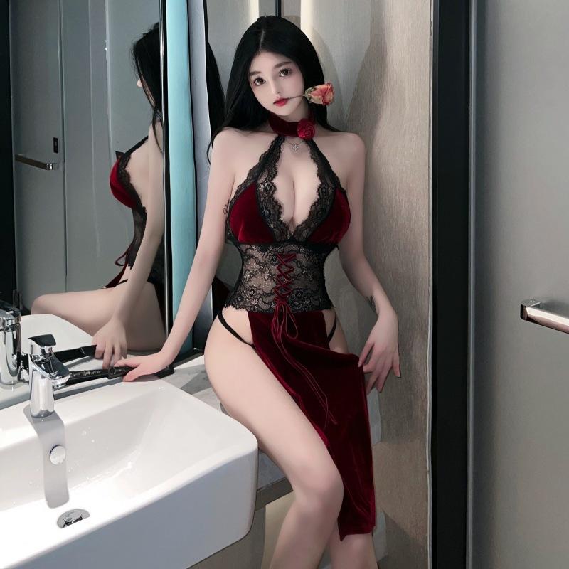 Red Chinese Traditional Cheongsam Dress Sexy Woman Hollow Out Nightdress High Waist Split Embroidery Retro Qipao Skirt Set New