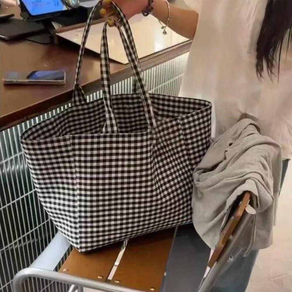 Polka Dot Print Canvas Tote Bag Check Print Canvas Material Polka Dot Bag Large Capacity Stripes Print Large Capacity Tote