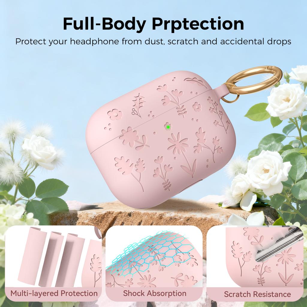 AHASTYLE WG186 For AirPods Pro 3 Embossed Floral Pattern Silicone Case Protective Cover with Hook