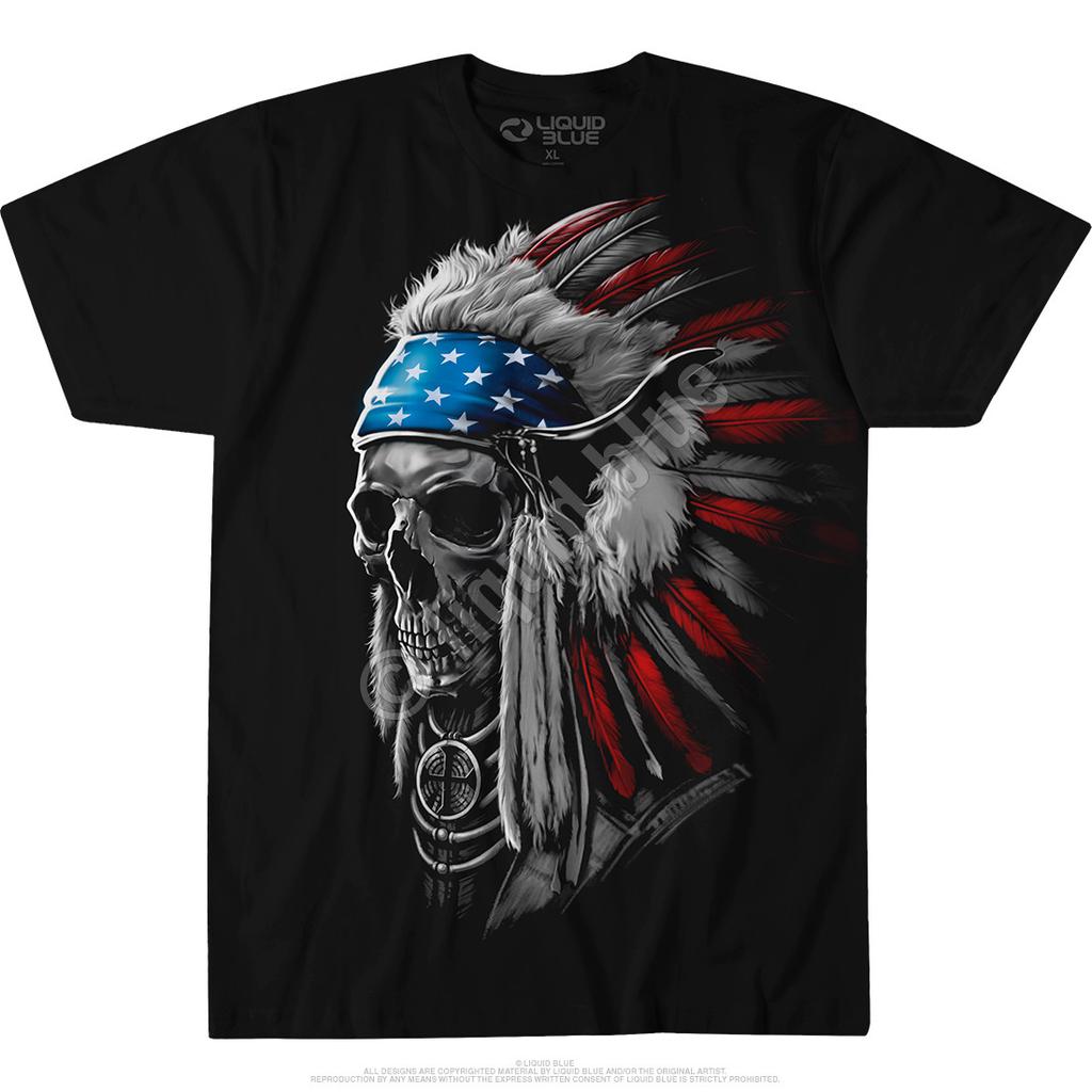 USA CHIEF SKULL-FLAG-EAGLE FEATHERS-Bonnet-TSHIRT Sz XL Native -No Longer Made