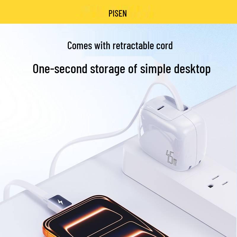 PISEN 45W GaN Charger with Retractable Cable for 17Proma Phone and Computer