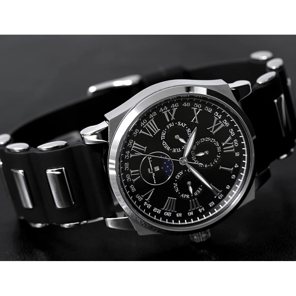 Salvatore Marra Moon Phase Multi-Calendar Men's Watch 5 ATM Water Resistant Rubber Strap Black Silver SM22105R-SSBK