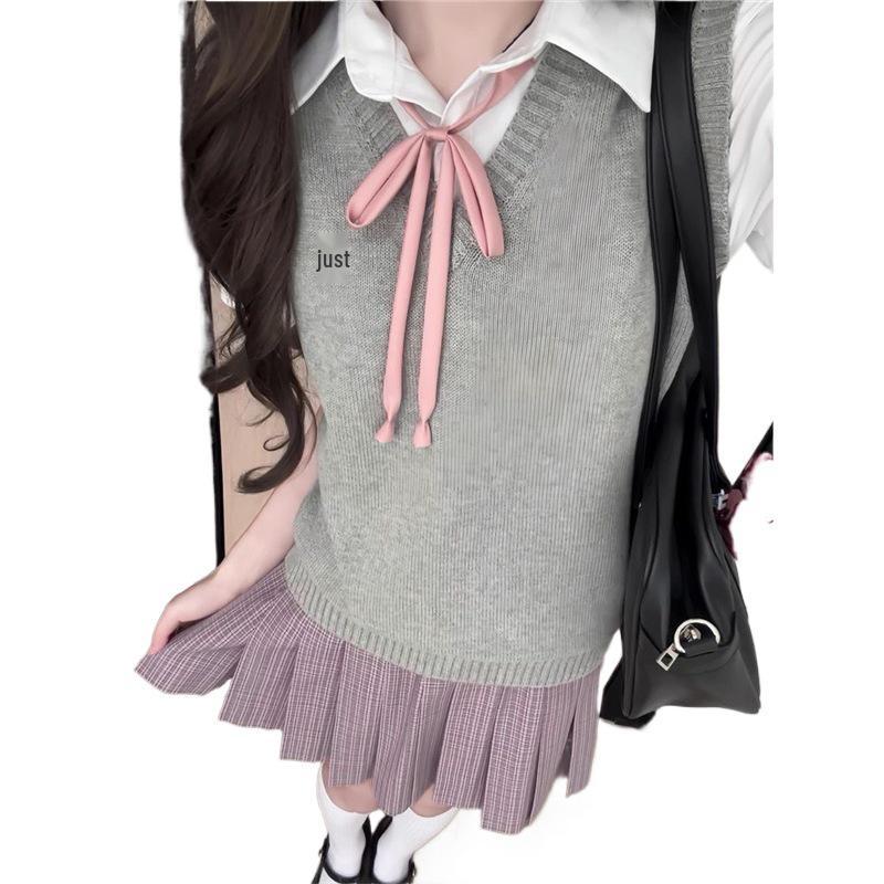 Japanese School-Style Embroidered V-Neck Knitted Vest for Women