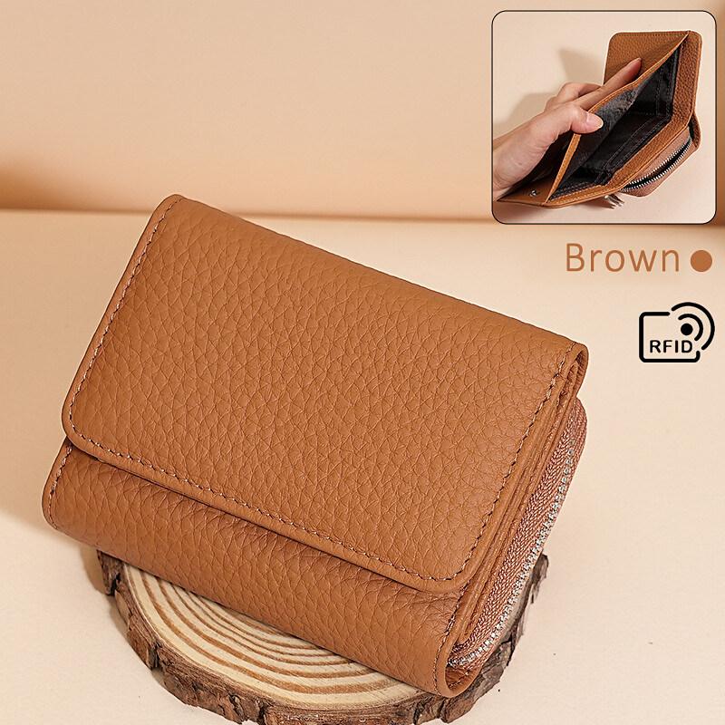 

НОВЫЙ 2025 японский стиль, короткий женский держатель для карт из натуральной кожи, RFID-блокирующий кошелек, многофункциональный кошелек на молнии, тройной сгиб, сумка для хранения монет