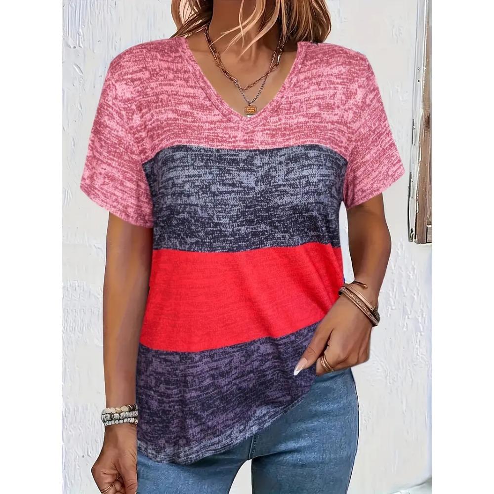 

Женская футболка с V-образным вырезом, летние модные топы с коротким рукавом, полосатые топы с коротким рукавом, универсальная свободная одежда больших размеров для женщин. 6XL