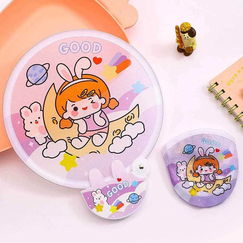 Reflective Mini Folding Fan: Portable Cartoon Design with Cloth Surface for Students and Outdoor Use.