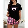 European Size Women's Short Sleeve T-Shirt-Cozy Pink Heart &Good Night Print Top,Black with Pink&White Clothing-like Shirt,All-Season Casual Clothing