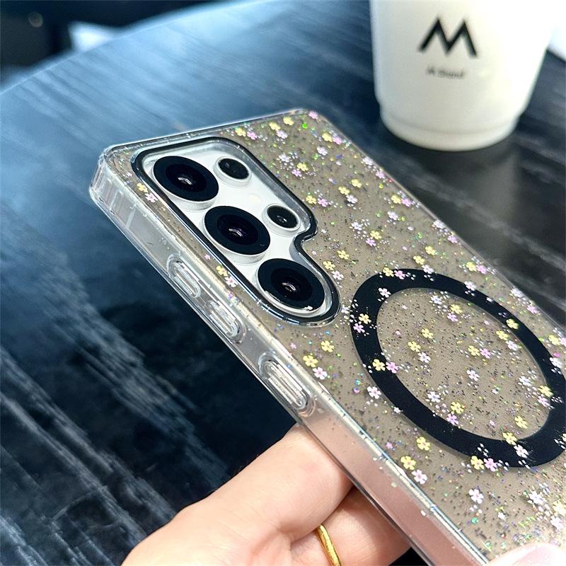 Koreanische minimalistische Glitzerblumen-Magnet-Handyhülle für Samsung S25 Ultra/S24 Plus