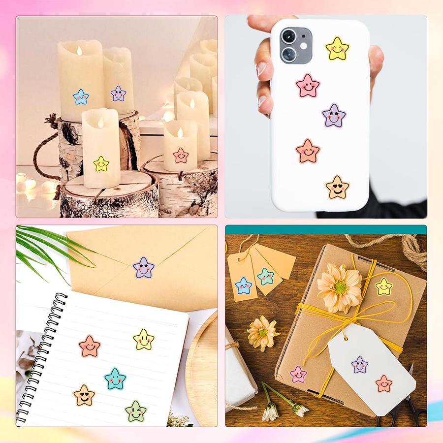 500 Pcs Colorful Star Expression Stickers Roll - Pastel Aesthetic Star-Shaped Labels with Cheerful Design, Self-Adhesive