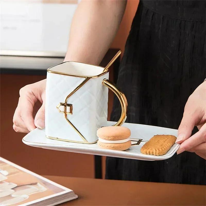 Handbag Style Coffee Mug Ceramic Cups with Dessert Plate Spoon Milk Tea Juice Water Mugs Desktop Drinkware Decor Birthday Gifts