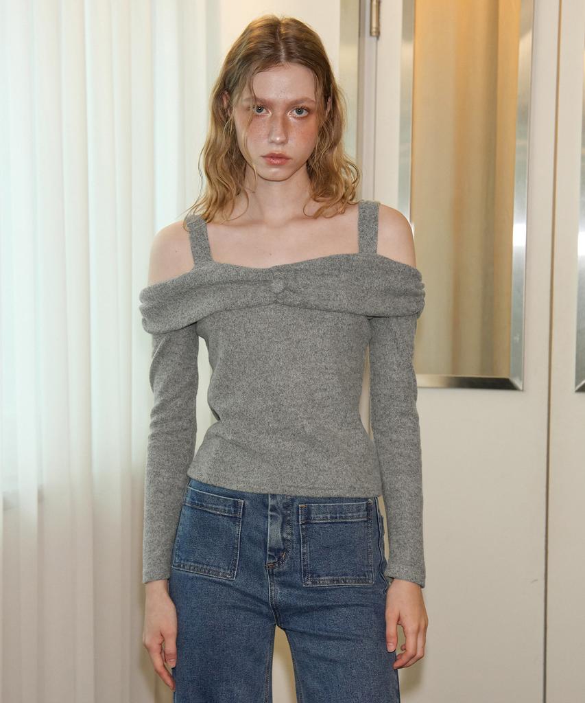 SALON DE YOHN Button Point Off Shoulder T_ Gray