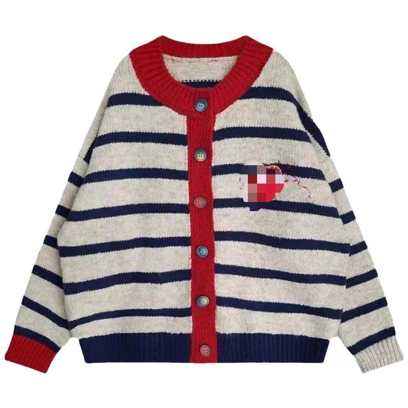 2023 Podzim/Zima Korejský Styl Pruhovaný Pletený Kardigan Volného Střihu pro Ženy s Výšivkou Srdíčka