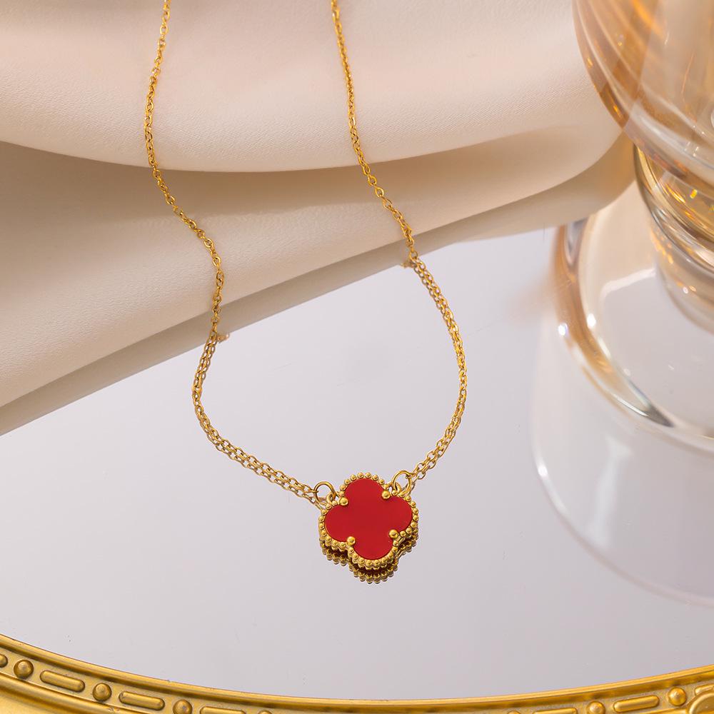 Wenjian Gold Four-Leaf Clover Double-Sided Titanium Necklace - Women's Luxury Fashion Clavicle Chain