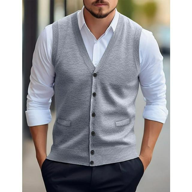 Men's Casual Vest Solid Color Sleeveless Four Seasons Wool Knitted Cardigan Men's Vest