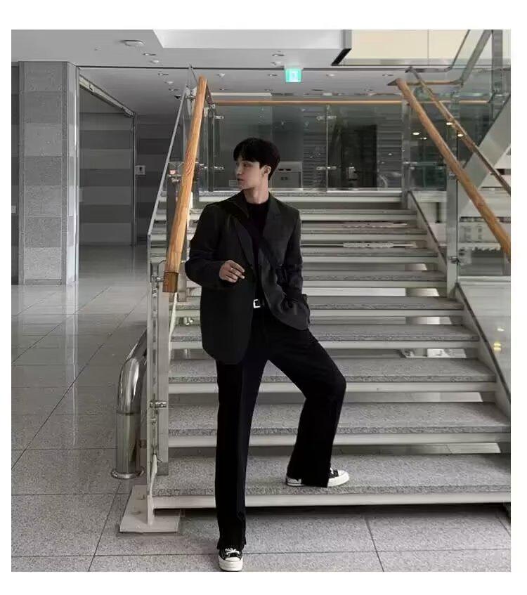 Men's High-End Black Casual Blazer - Korean Style with Shoulder Pads