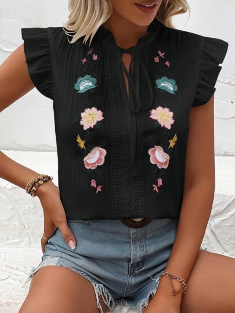 Women s Ruffle Sleeveless Floral Embroidered Blouse Stand Collar Lace Tie Front Casual Shirt S чёрный