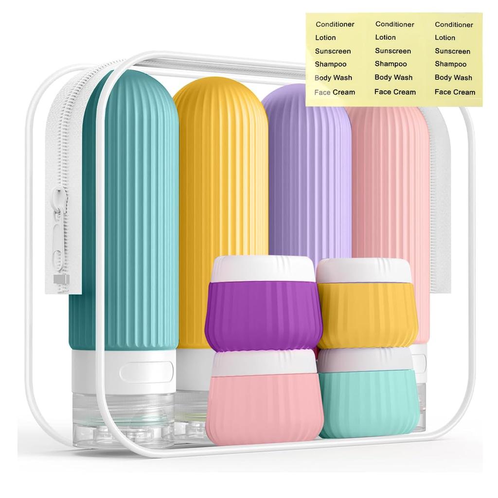 MAYCREATE® 8Pcs Toiletries Travel Bottle,90ml Silicone Travel Bottles with 40ml Face Cream Jars,Upgraded Leakproof Refillable Toiletries Bottles for