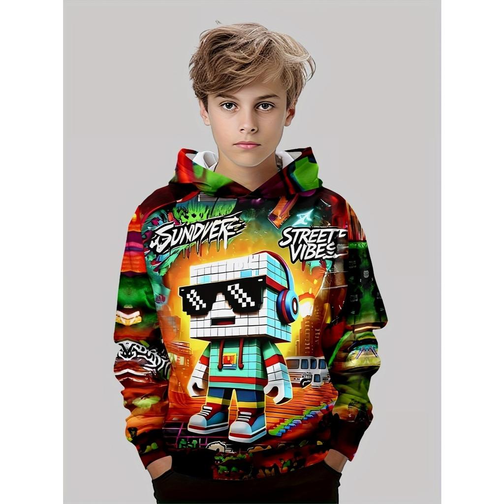 Boys' fashionable 3D printed casual pullover, spring and autumn long sleeved hoodie, boys' outdoor hoodie
