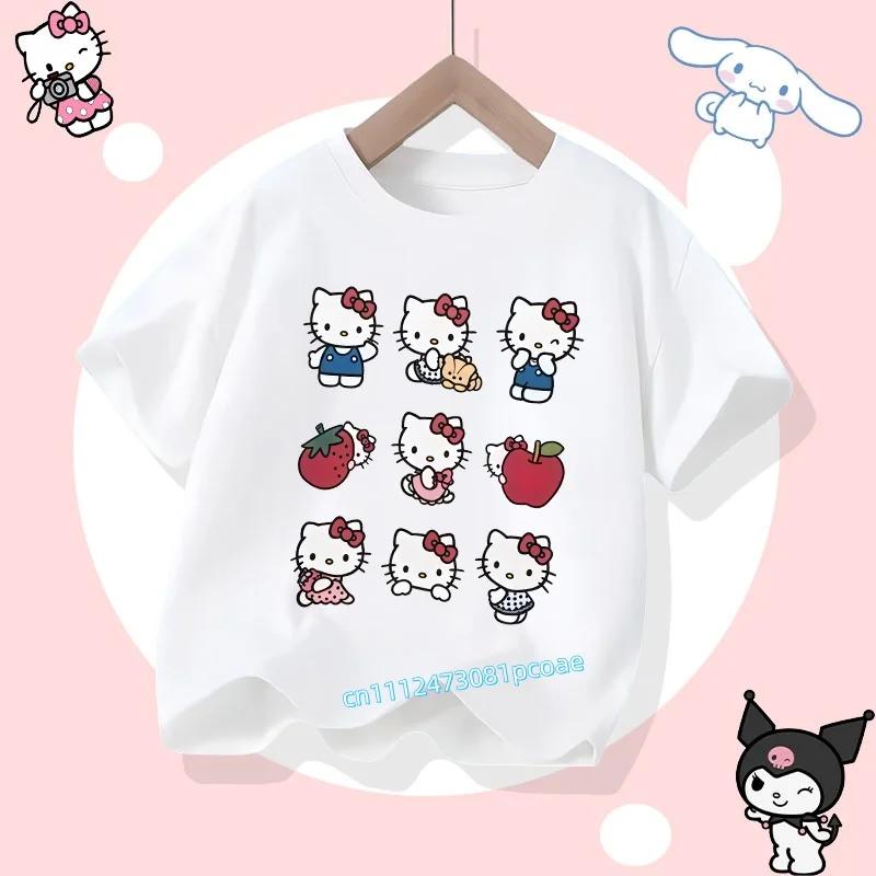 2026 Hello Kitty Summer Tshirt  Cotton ShortSleeved Girls Sportswear with Cartoon Print for Children Aged 112 Years Old