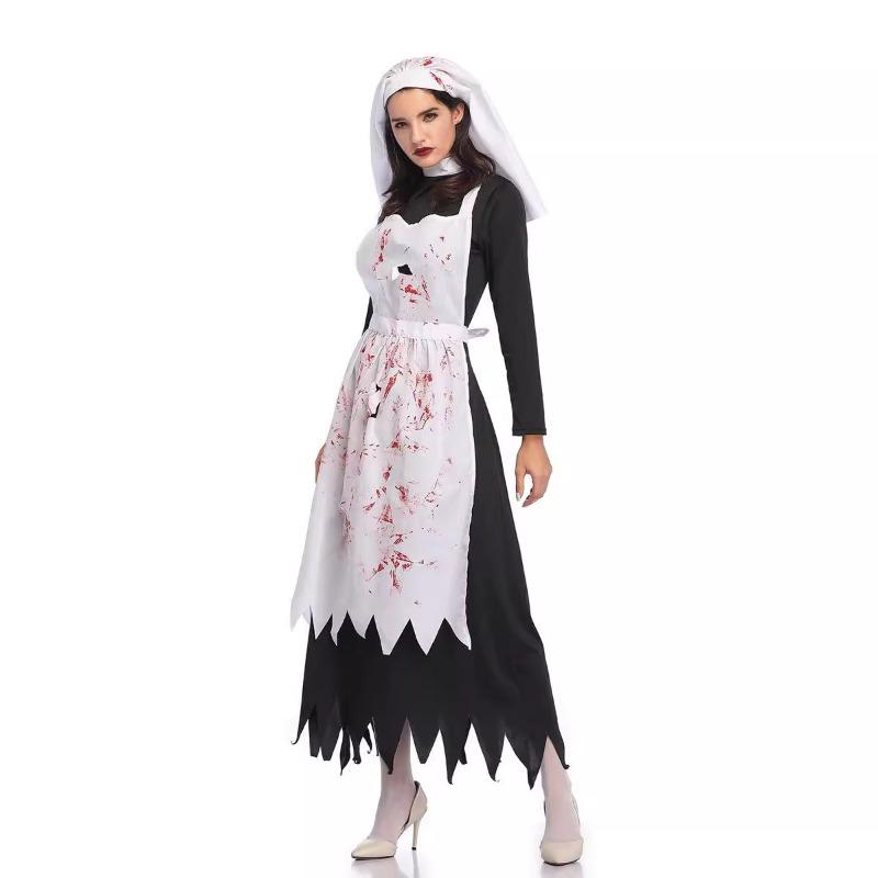 Halloween Costume Adult Horror Bloody Nun Zombie Suit Ladies Zombie Suit Irregular Long Dress