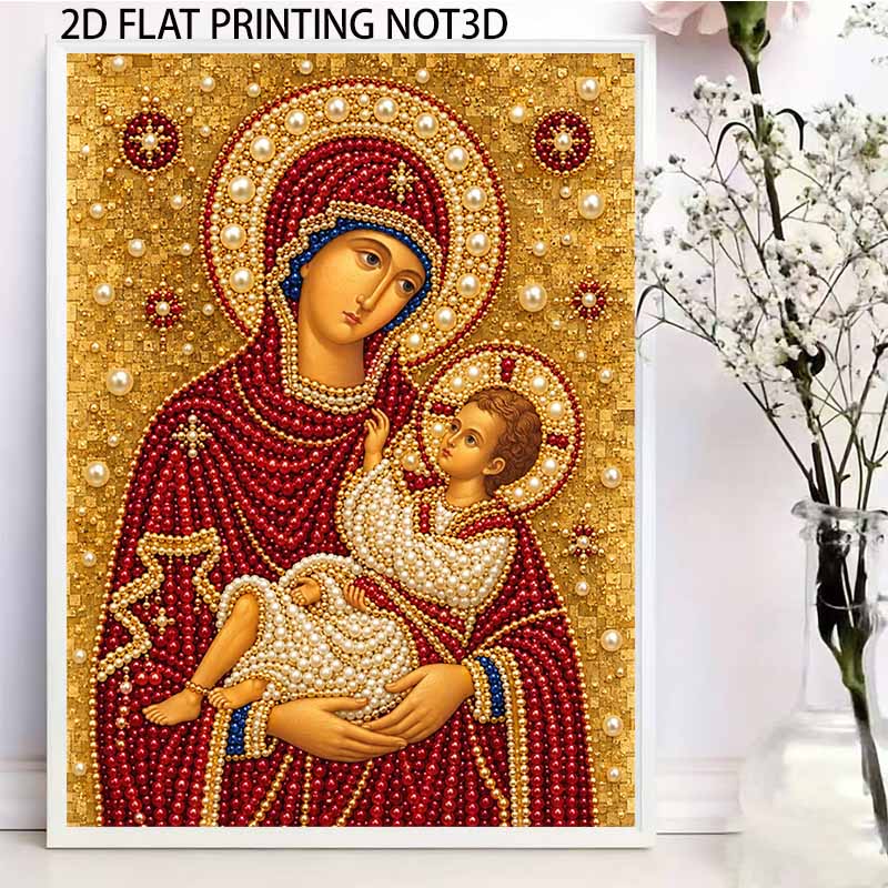 5D Framed Pearl Painting Kit Virgin Mary and Child Pattern Sparkling Bead Art Canvas Ready to Display Romantic Home Decor Gift