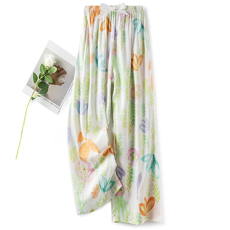 Pantaloni de pijama din bumbac mătase pentru femei, secțiune subțire de vară, anti-țânțari, pantaloni cu picior lat, culoare uni, pentru exterior, casă, petrecere a timpului liber, imprimeu, pantaloni de plajă până la genunchi