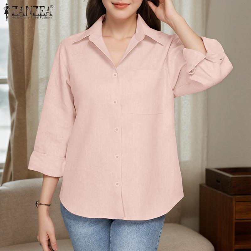 ZANZEA Women Casual Turn Down Collar Loose 3/4 Sleeve Clasic Blouse