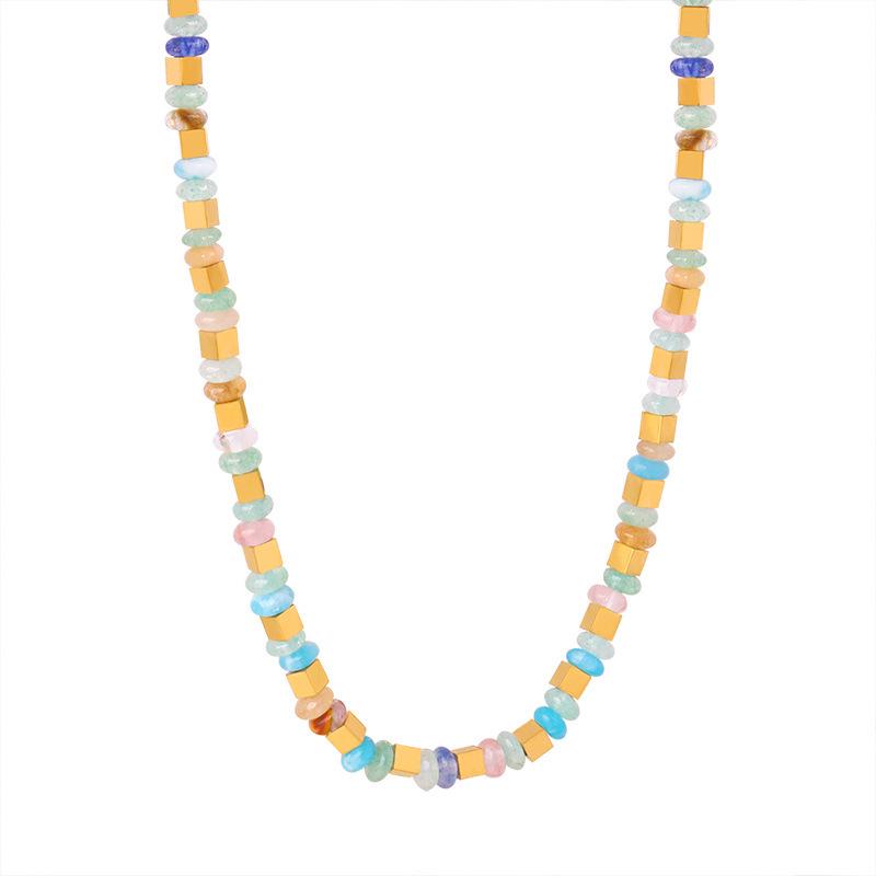 Bohemian Square Stone Beads Necklace, Handmade Women’s Titanium Steel Jewelry, Versatile Clavicle Chain for Girls