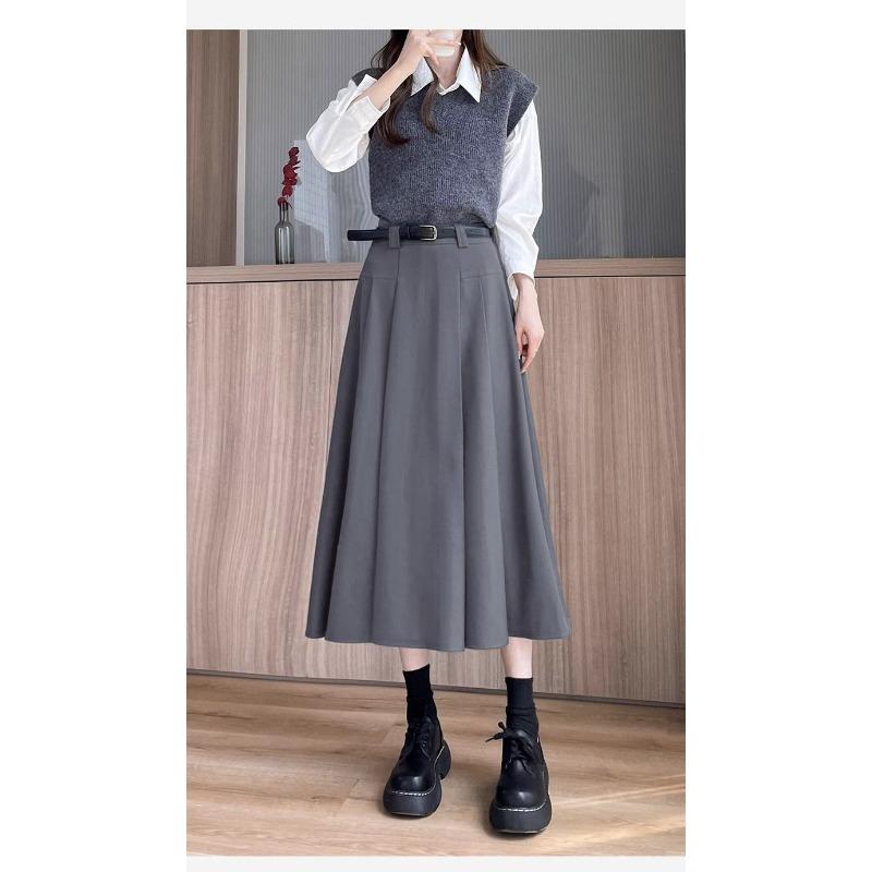 High Chic Gray Skirt Pleated Waist Slimming Midi Length Elegant Long Skirt For Ladies