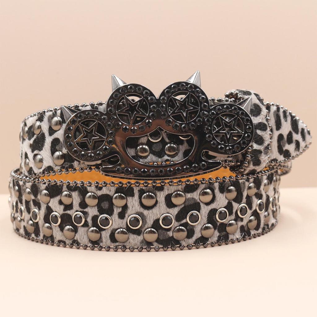 Leopard Print Rhinestone Knuckle Duster Punk Belt - Y2K European & American Style Women's Decorative Accessory