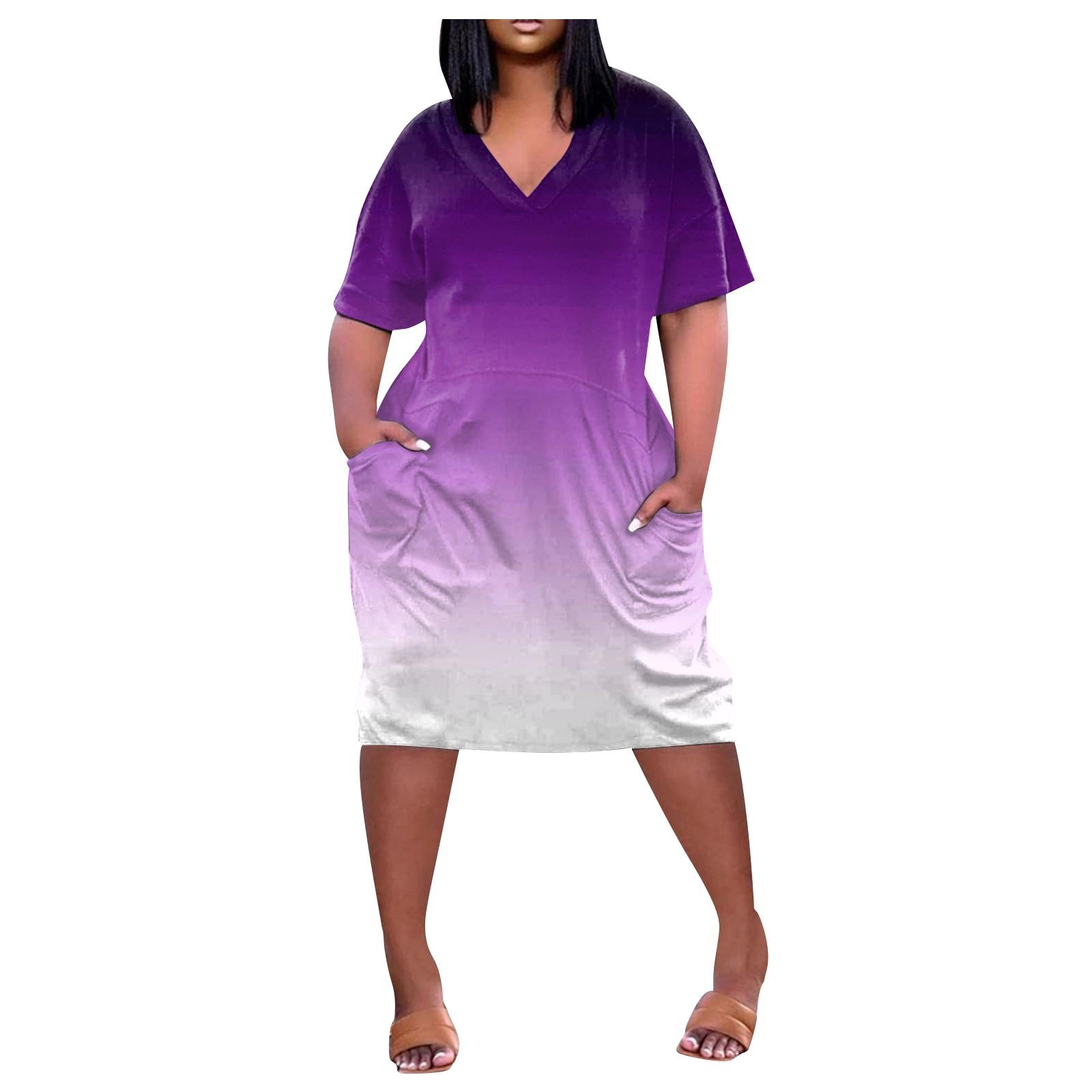 

2022 женское летнее повседневное платье больших размеров с V-образным вырезом и короткими рукавами и карманами до колена L фиолетовый