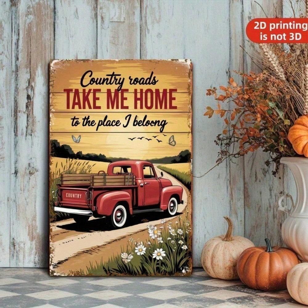 Rustic Red Truck Metal Sign Country Road Farmhouse Cabin Barn Wall Decor