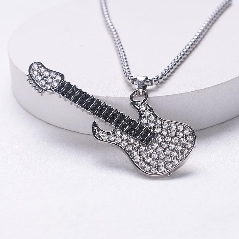 Unisex Hip Hop Guitar Pendant Necklace with Full Diamond Accents