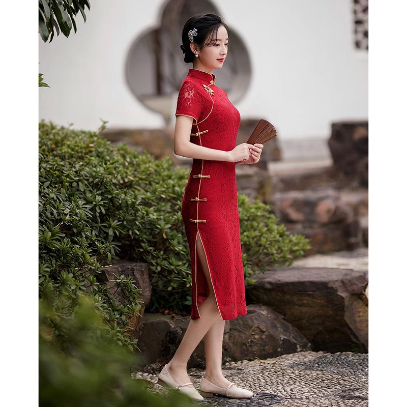 Red 2024 Summer Lace Cheongsam Dress - Young Style, Perfect for Engagements and Daily Wear