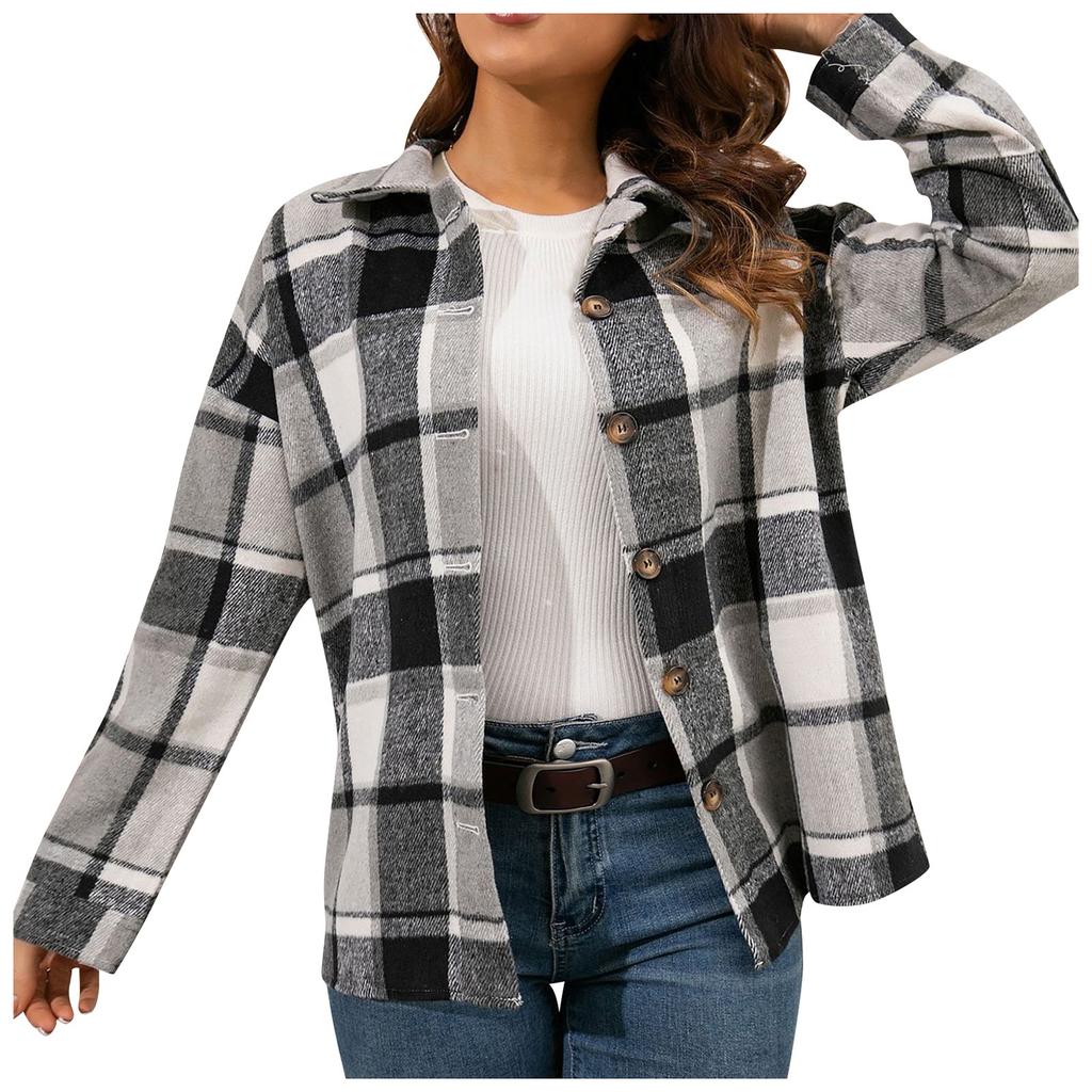 Fashion Women's  Casual Loose Grinding Wool Plush Plaid Long-sleeved Shirt Jacket