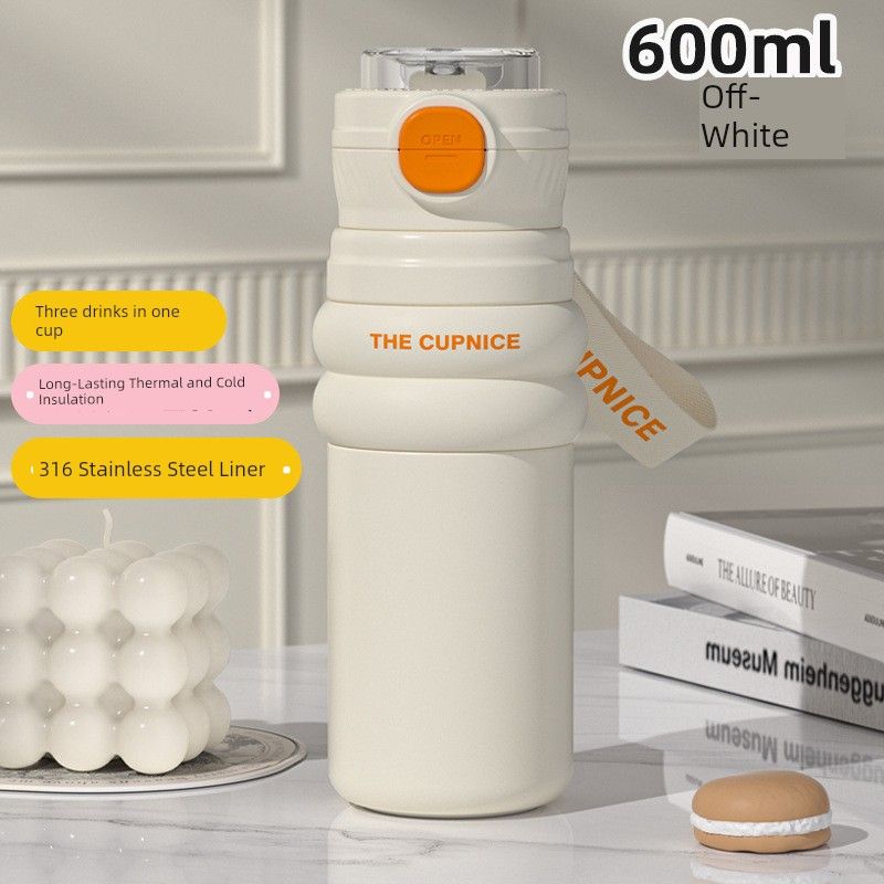 

New Large-Capacity Thermos Cup with High Aesthetic Appeal for Men and Women, 316 Stainless Steel Children s Straw Water Cup, Gift Cup 600 ml Double Drinking Bounce Cup - Off-White