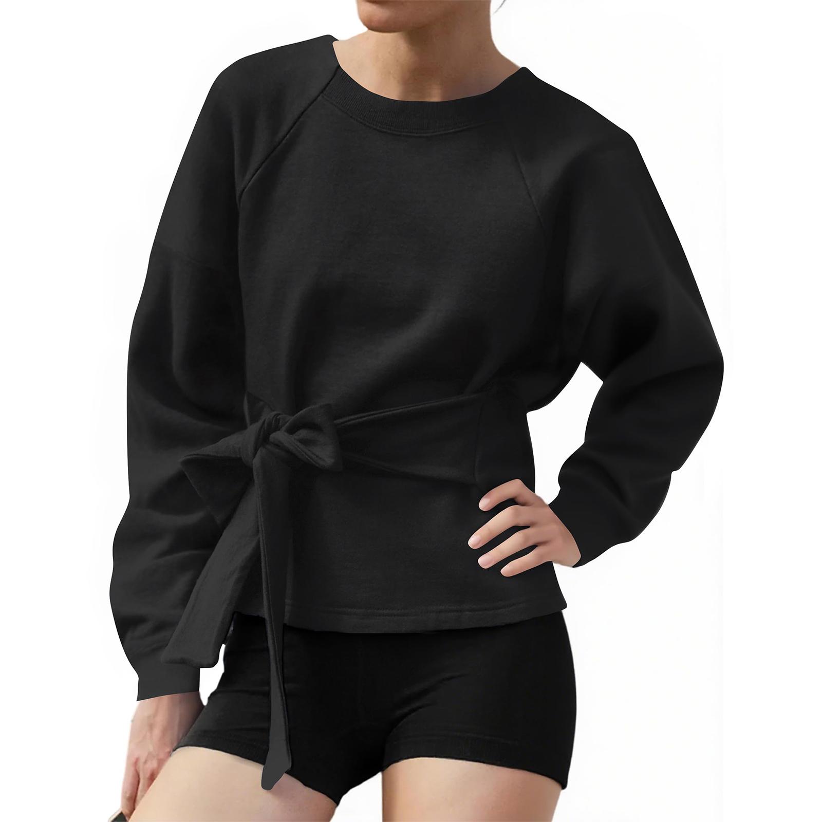 

Женская однотонная повседневная спортивная рубашка-пуловер с длинными рукавами и круглым вырезом, с поясом-бантом L