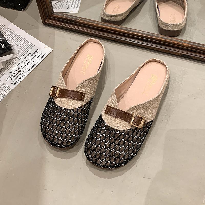 

Summer new one-pedal lazy shoes women s low-top bag head half slippers fisherman shoes summer wear flat single shoes women 35 чёрный