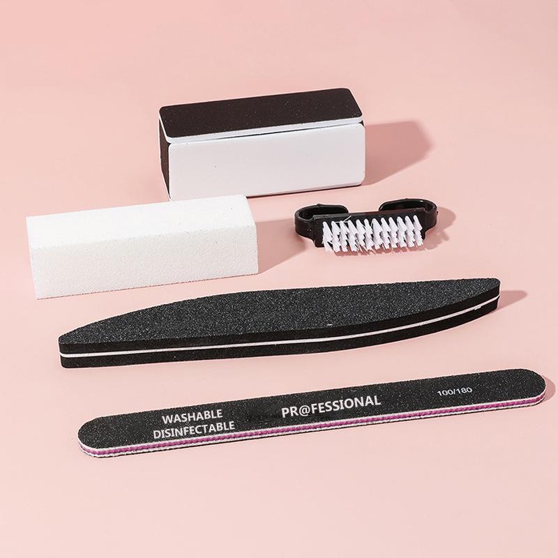Black Nail Art Tool Set: 5-Piece Kit with Sponge File, Buffer, Nail File, Polishing Block, Tofu Block, and Horn Brush.