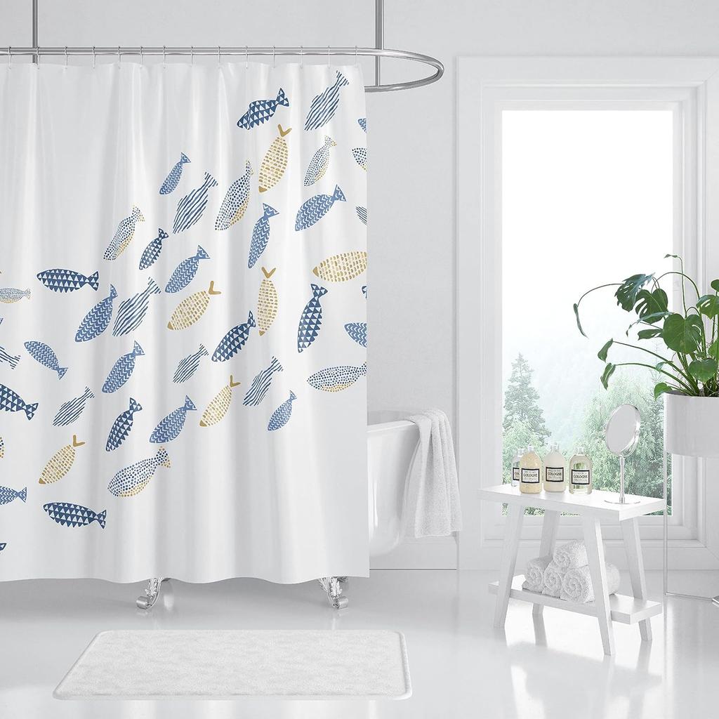 Abstract Swimming Fish Minimalist Shower Curtain Cartoon Ocean Waterproof Fabric Decorative Bathtub With 12 Hooks
