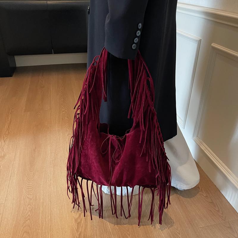 Sense of Luxury High Quality Designer Style Faux Suede Square Shoulder Bags Solid Retro Tassel Women's Handbags 2025 Winter New