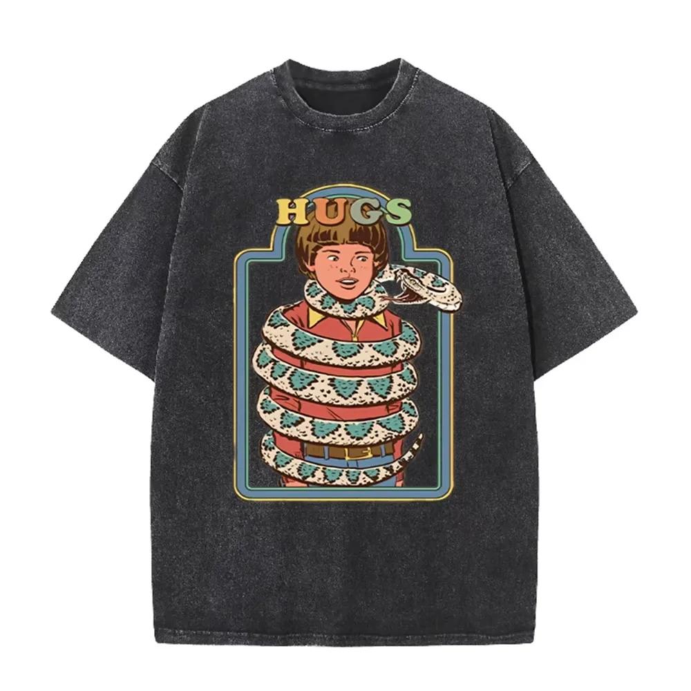 Vintage "Hugs" Snake Boy Print Washed Brown Retro Funny Casual T Shirt